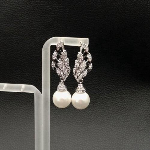 12mm White sea shell Pearl White Gold color Plated Womens Angel Wings Wings Feathers Stud Earrings for Women