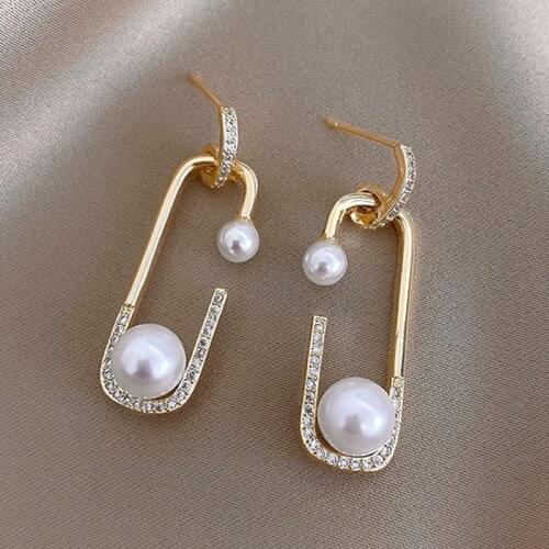 2021 New Design Pearl Square Geometric Pin Dangle Earrings for Women Fashion Korean Jewelry Luxury Girls Party Ear Jewelry