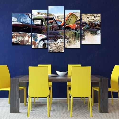 5 Panel Old Classic and Vintage Cars at Rural Junkyard in Winter Painting Pictures Print On Canvas Car The Picture for Home Mode