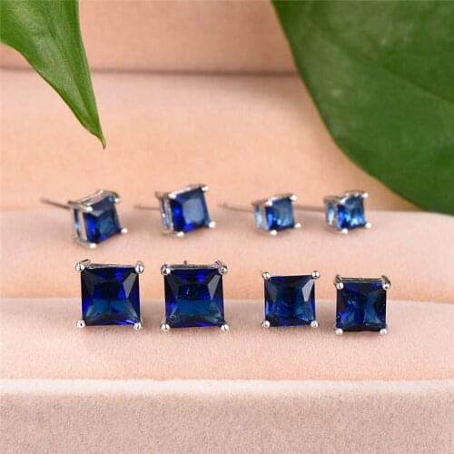 Charm Female Small 4/5/6/7mm Square Earrings 100% Real Sterling Silver Stud Earrings Trendy White Blue Green Earrings For Women