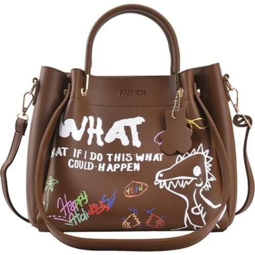 Color Cartoon Graffiti PU Leather Shoulder Bag Women Cute Big Crossbody Handbag Zipper Large Multi-purpose Lady Shopper Hand Bag