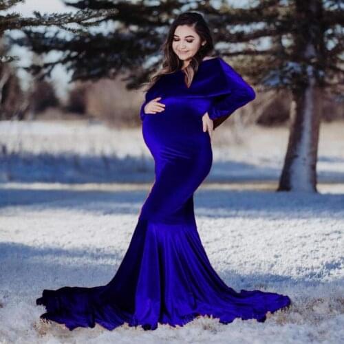 Maternity Long Dress Photography Lurex Gold Velvet Ruffle Collar Fancy Pregnancy Photo Shoot Pregnant New Women Winter Maxi Gown