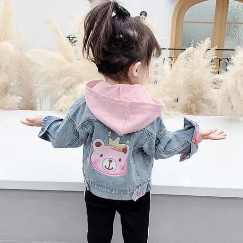 Girls Denim Jacket Kids Coat Spring Autumn Clothing 2021 New Childrens Hooded Jacket Baby Toddler Print Denim Jacket