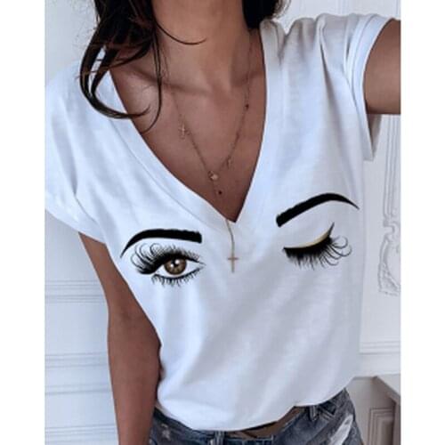 2021 Summer S-5XL Plus Size Eyebrows Eyes Deep V-neck Womens T-shirt New Solid Casual Womens Tops Short Sleeve Tshirts funny