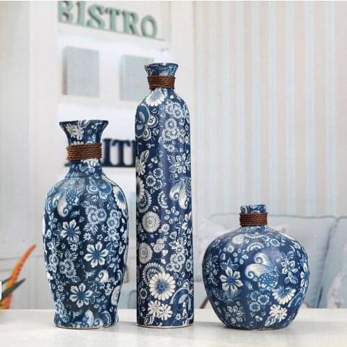 Jingdezheng Ceramic Vase Coarse Flower Pottery Vintage Rope Blue Different Flower Pattern Modern Flower Arrangement