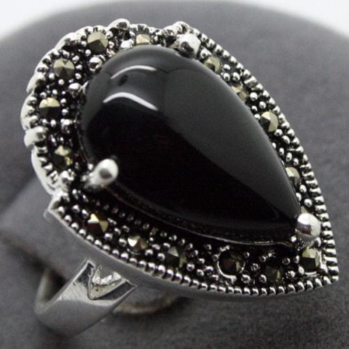 Wholesale good 15*23mm RARE VINTAGE NATURAL BLACK AGATE 925 SILVER MARCASITE RING SIZ 7/8/9/10# Genuine men silver Jewelry Fre