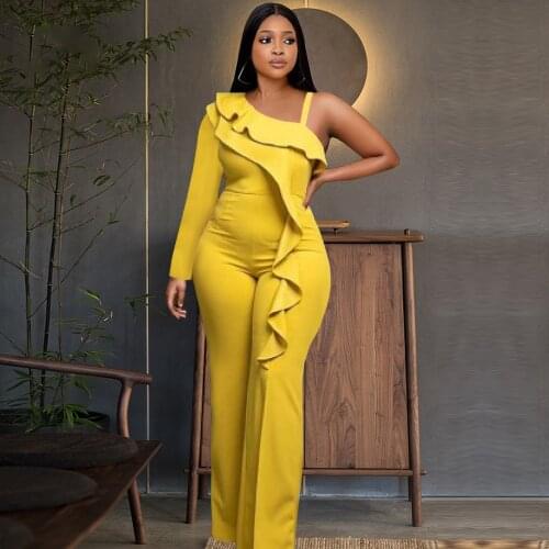 Jumpsuits for Women One Shoulder Ruffles Solid Straight Pants High Waist Elegant Trouser Suit Playsuit Plus Size Tracksuit 2021