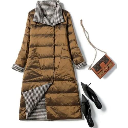 Trendy Nice New Autumn Winter Women Double Sided Ultra Light Long Down Coat 90% White Duck Down Parkas Warm Snow Plaid Outwear