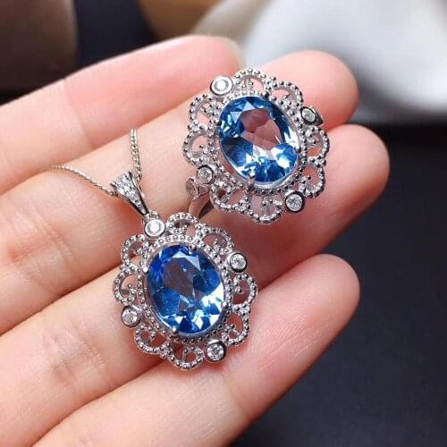 Fashion Lovely round Sun flower S925 silver natural blue topaz gem ring pendant natural gemstone woman party gift set jewelry