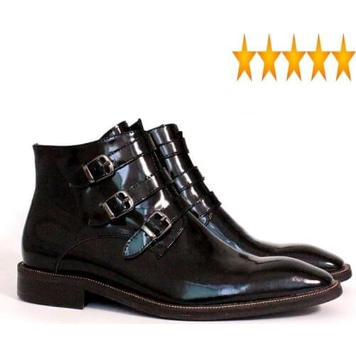 Painting Italy Handmade Runway Mens Ankle Buckle Formal Office Work Safety Shoes Luxury Genuine Leather Square Toes Boots