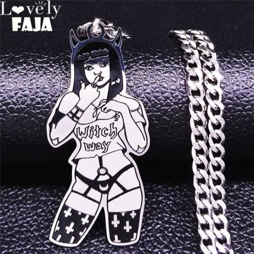 Upside Down Cross Witch Gril Stainless Steel Necklac Women Black Silver Color Chain Necklace Jewelry collares mujer N4041S03