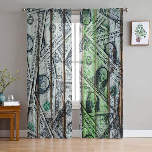 Wood Grain Dollars Retro Sheer Curtains for Living Room Bedroom Kitchen Chiffon Tulle Curtains Home Hotel Coffee Decor