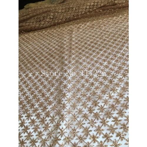 Nice looking African embroidered mesh material JRB-91210 French net lace fabric with champagne gold glued glitter