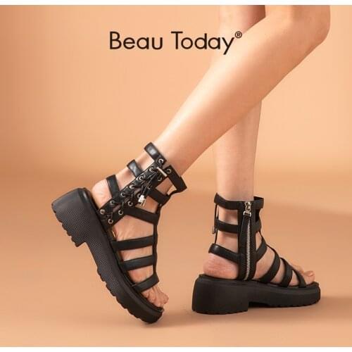 BeauToday Gladiator Sandals Women Cow Leather Platform Shoes Drawstring Side Zipper Closure Summer Ladies Shoes Handmade 07119