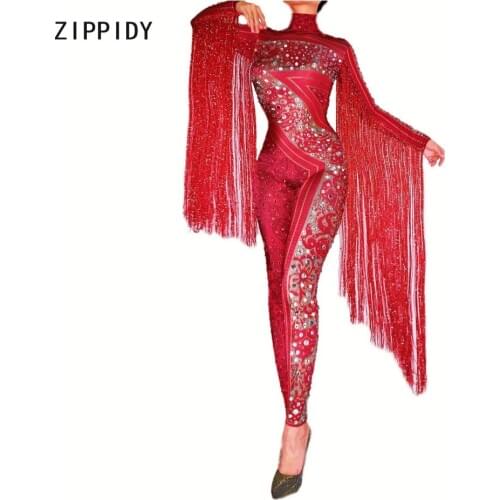 Silver Red Rhinestones Fringe Jumpsuit Birthday Celebrate Outfit Bar Dance Leggings Women Singer Dancer Outfit