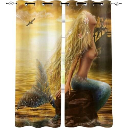 Mermaid Ocean Sunset Window Curtains Living Room Kitchen Curtains for Bedroom Left and Right Biparting Open Curtains