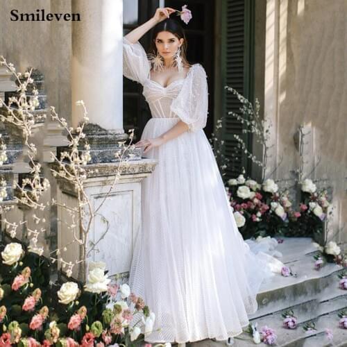 Smileven Shiny Glitter Boho Wedding Dress Puff Sleeve Robe De Mariee Lace Bridal Dresses Sweetheart Neck Wedding Gowns For Girls