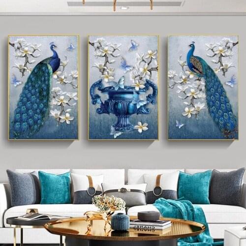 Nordic Modern Peacock Flower Canvas Painting Animal Poster and Prints Wall Art Pictures for Living Room Home Interior Decoration