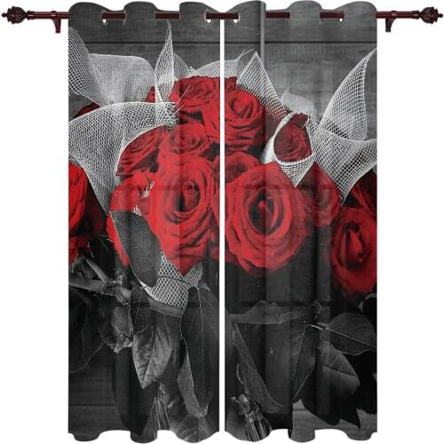 Kitchen Window Curtains Red Rose Flower Adult Children Bedroom Decoration Living Room Hanging ClothTreatment Curtains