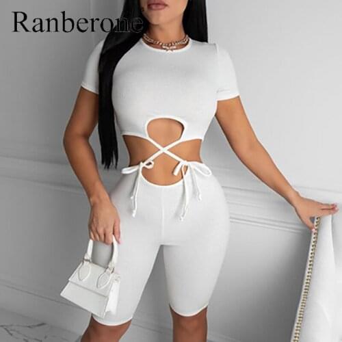 Ranberone 2020 New Women Clothing Bandage Fitness Matching Yoga Sets Solid Sportswear Sporty Workout Jumpsuit Female Womenswear