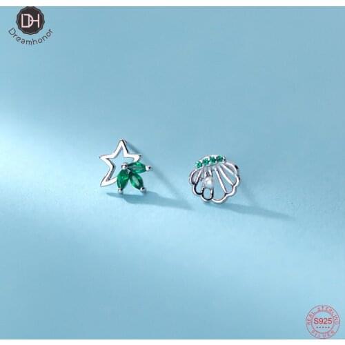 Dreamhonor Fashion 925 Sterling Silver Hollow Starfish & Shell Zircon Stud Earrings For Women Birthday Gifts