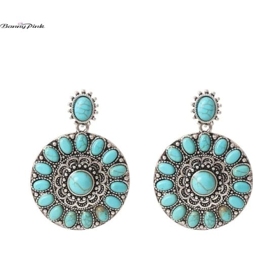 Banny Pink Bohemia Synthetic Stone Statement Stud Earrings For Women Ethnic Round Pendant Post Earrings Retro Flower Earrings