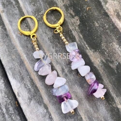 Witch Bohemia Rose Quartz and Rainbow Fluorite Earrings Stars Dangle Jewelry with Healing Delicacy Statement Jewelry Women Gift