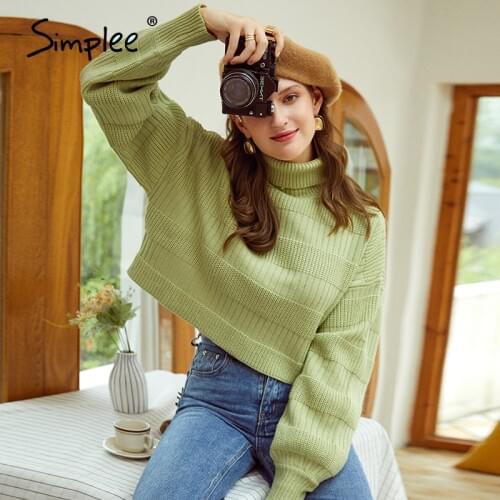 Simplee turtleneck patchwork knitted women pullover Casual solid long sleeve sweater female Autumn winter short jumper 2020
