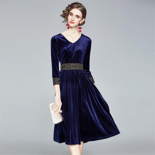 Autumn Winter Velvet Dress Women V-Neck Vintage Dress High Quality Fashion Midi-calf Dress Runway Rope Mujer 2020 Vestidos