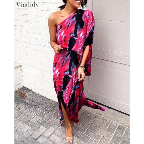 One Shoulder Colorful Letters Print Midi Dress Women Summer Side Slit Single Shoulder Casual Dress