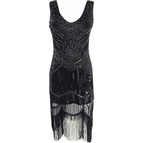 Womens 1920s Sequin Beaded Tassels Hem Flapper Dress Sleeveless Black Silver Thread Embroidery Fringe Great Gatsby Party Dress