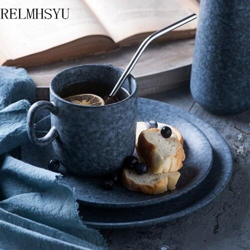 1PC RELMHSYU Japanese Style Creative Simple Gray Ceramic Rice Soup Bowl Round Dinner Plate Saucer Western Dish Tableware