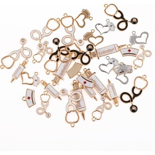 10pcs/lot Multi-syle Enamel Nurse Series Stethoscope Syringe Charms Pendant Jewelry Accessories For DIY Jewelry Making Craft