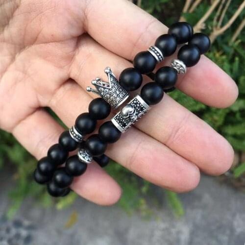 2Pcs/Set Crown Skull Bracelet Men Women Classic Vintage Style Matte Beads Stone Homme Anchor Charm Bracelet For Couples Jewelry