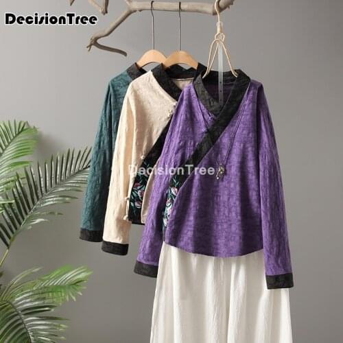 2021 woman traditional chinese qipao embroidered top linen full sleeve hanfu fairy tops chinese lace vintage tang suit shirt