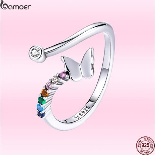 Bamoer 100% 925 Sterling Silver Lucky Rainbow Butterfly Ring for Women 2021 Summer New Colorful Cubic Zircon Jewelry Gift GXR730
