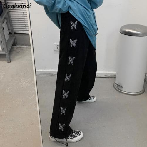 Women Casual Wide-leg Pants Black Harajuku Loose Butterfly Print Trousers Straight High Waist Hip Hop Streetwear Oversize 3XL BF
