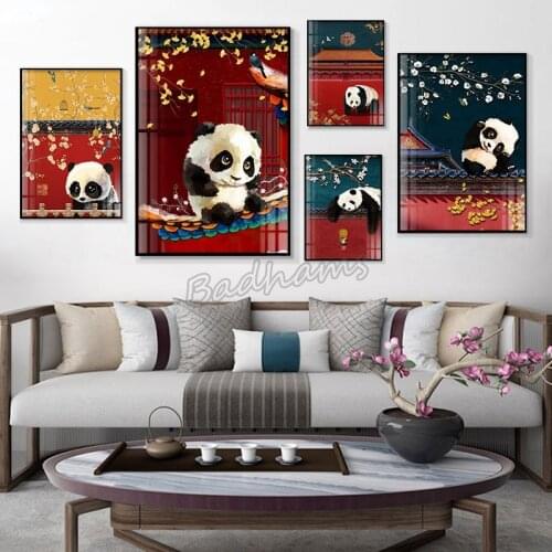 Home Decor Canvas Painting Panda New Chinese Style Living Room Background Wall Art Red Forbidden City Landscape Poster