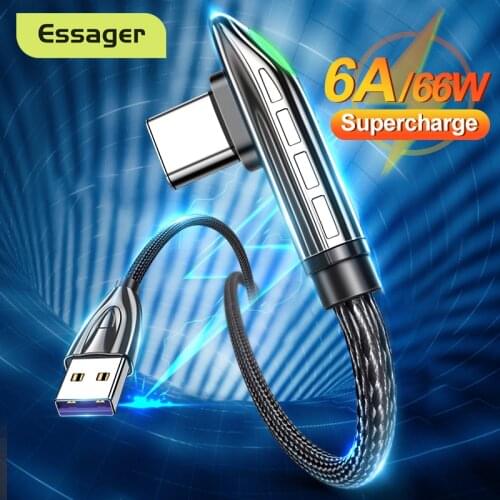 Essager 66W USB Type C Cable For Huawei P40 Mate 40 30 Pro 6A 5A Fast Charging USB-C USBC Charger 90 Degree Type-c Data Cord