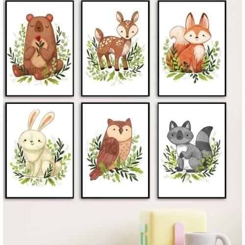 Wall Art Print Canvas Painting Cartoon Rabbit Bear Deer Fox Owl Jungle Nursery Nordic Poster Wall Picture Baby Kids Room Decor