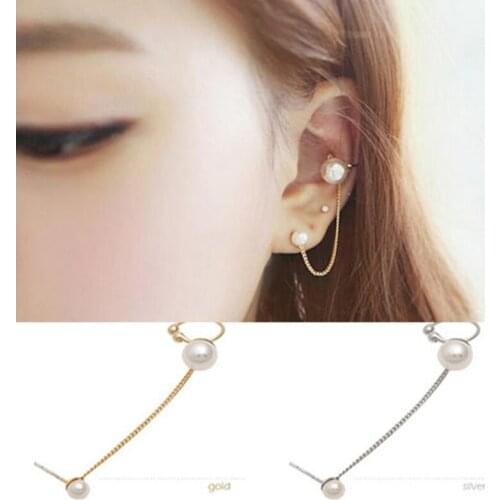 Beautiful simple design double pearl lip earrings for women sweet long chain ear bones pearl clip stud earring #ER085