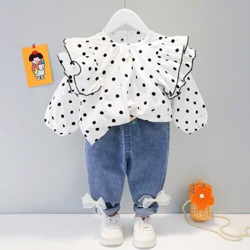Menoea Baby Girls Clothing sets 2021 Fall Infant Collar Polka Dot T-shirt Flying Sleeve Denim Trousers 2pcs Suit Children Outfit