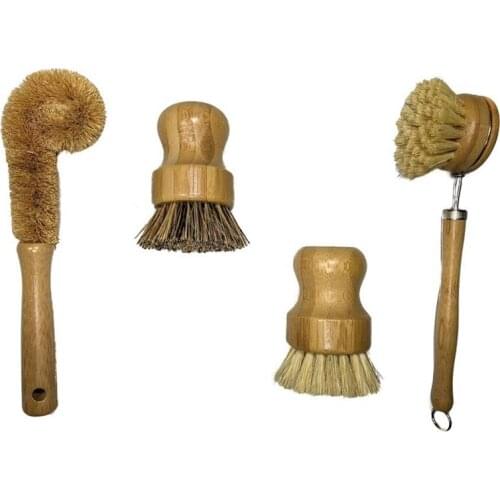 Plant Based Cleaning Brush Set,Bamboo Kitchen Scrub Brush Set of 4 Clean Tableware / Can / Bottle / Pot / Pot / Frying Pan / Veg