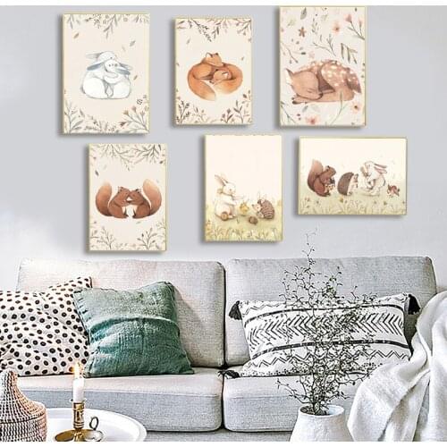 Nordic Wall Painting Baby Room Poster Embracing Rabbit Fox Squirrel Hedgehog Deer Music Wall Art Oil Painting Decoration