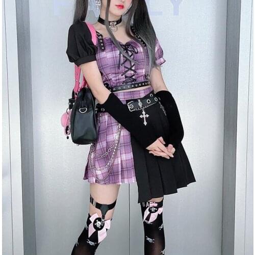 New Design Short Sleeved Top and Irregular Plaided Ball Gown Skirt Japanese Sweet Autumn Patchwork Kawaii Pleated Skirts Set