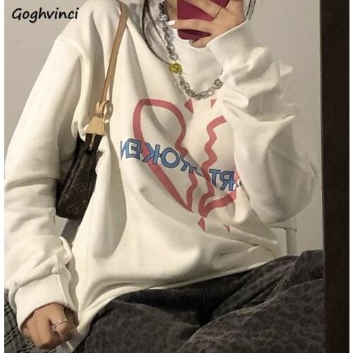 Hoodies Women Printing Hip-pop Oversize Long Sleeve Sweatshirts Ins Heart Fashion Students Retro High Street Basic O-neck Hoodie