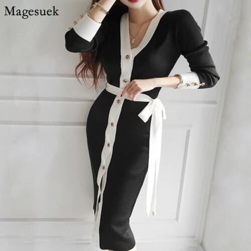 Knitted Pencil Dress Women V-neck Long Sleeve Sashes Midi Black Dress Female New Spring Office Lady Casual Dresses Vestido 12923