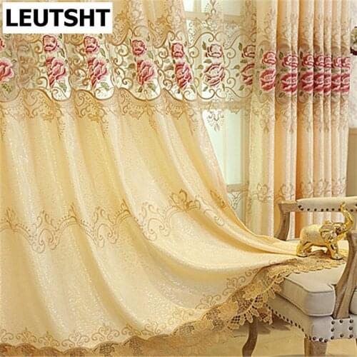 Beige Yellow Embroidered Peony Curtains for Bedroom Living Room Window Luxury High End Peony Tulle Curtain Ready Made