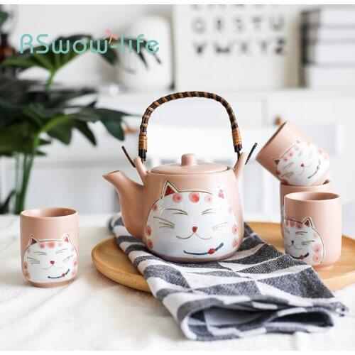 Japanese Hand-painted Creative Ceramic Lucky Cat Tea Set One Pot and Four Cups Tea Pot and Cup Set Tea Set Porcelain