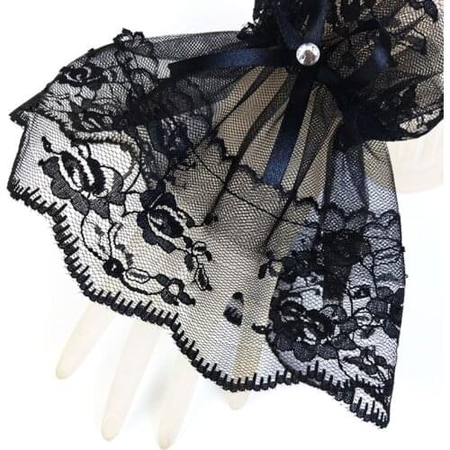 Women Black Lace Wrist Cuffs Bracelets Wedding Rhinestone Bow Fingerless Gloves